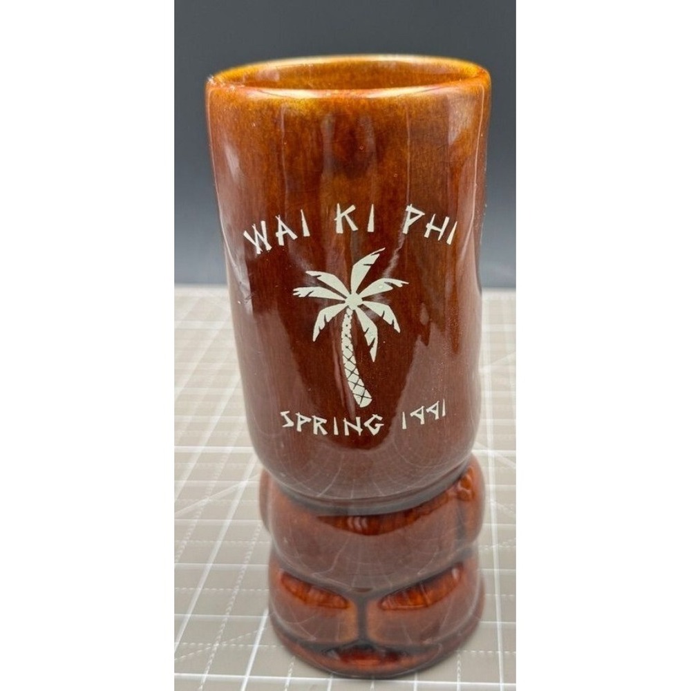 Vintage Tiki Mug Wai Ki Phi 1991 Palm Tree Dark Brown Totem Cocktail Mug Modern